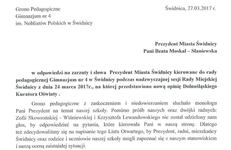 List otwarty do prezydent Świdnicy