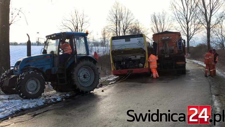 Autobus i pług śnieżny zablokowały drogę [FOTO/VIDEO]