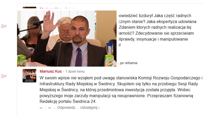 Radny przeprasza portal Swidnica24.pl