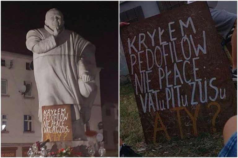 Plakat wypominający „krycie pedofilów” zawieszony na pomniku papieża. Sprawcy nie odnaleziono