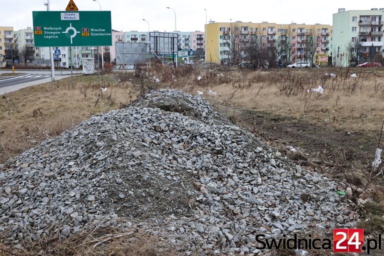 Góra gruzu na zaśmieconej działce przy wjeździe do Świdnicy [FOTO]