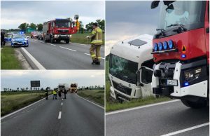 Śmiertelny wypadek na krajowej „piątce”. Auto osobowe zostało przygniecione przez ciężarówkę