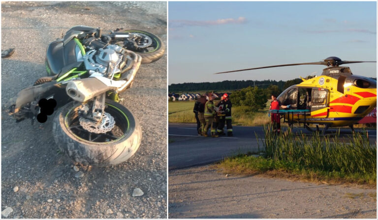 Wypadek na krajowej „piątce” w Strzegomiu. Rannego motocyklistę zabrał śmigłowiec [FOTO]