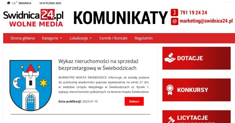 Przetargi, sprzedaż nieruchomości i inne na portalu Świdnica24. Sprawdź aktualne komunikaty z powiatu świdnickiego