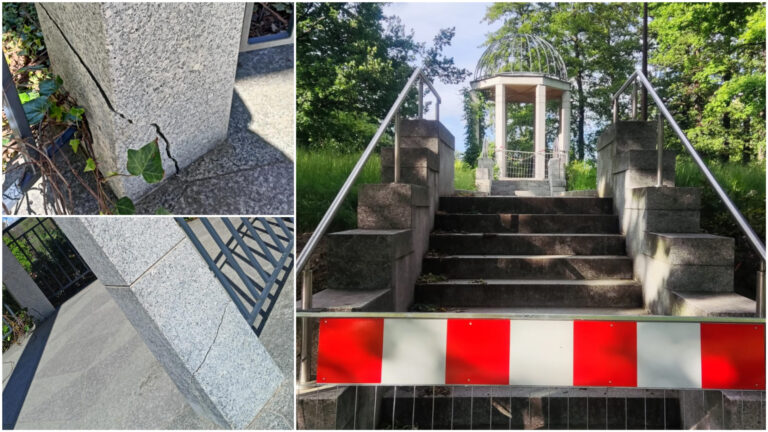 Pęknięcia na filarach altany w Parku Centralnym. Obiekt zagrodzono, konieczna jest naprawa [FOTO]