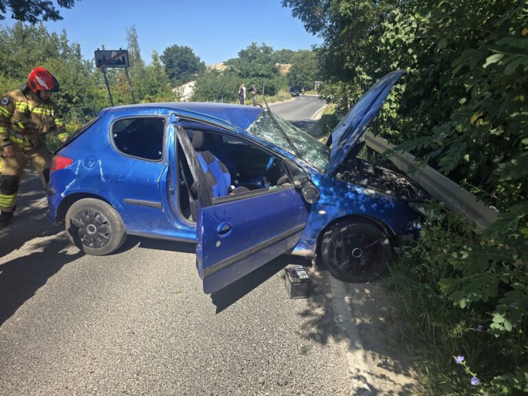 Dachowanie osobówki w Strzegomiu. Jedna osoba trafiła do szpitala [FOTO]