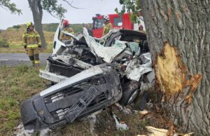 Poważny wypadek na granicy powiatów jaworskiego i świdnickiego. Auto uderzyło w drzewo