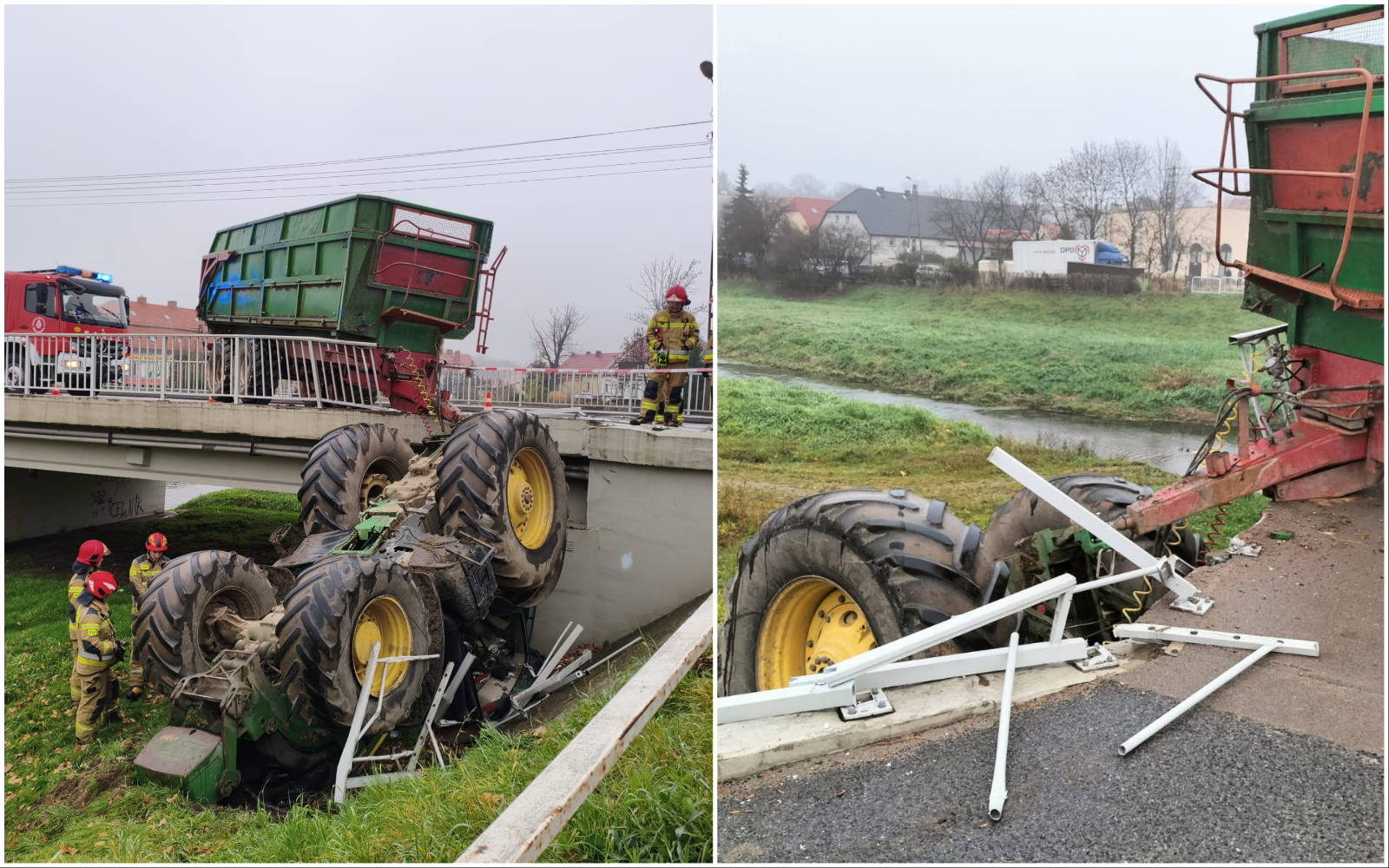 Wypadek na „trzydziestce piątce”. Ciągnik spadł z mostu [FOTO]