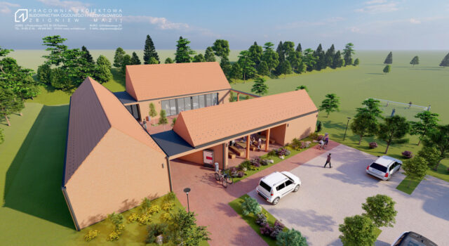 Wizualizacje budynku wielofunkcyjnego w Boleścinie (mat. Pracownia Projektowa Budownictwa Ogólnego i Przemysłowego Zbigniew Mazij; materiały przetargowe UG Świdnica)