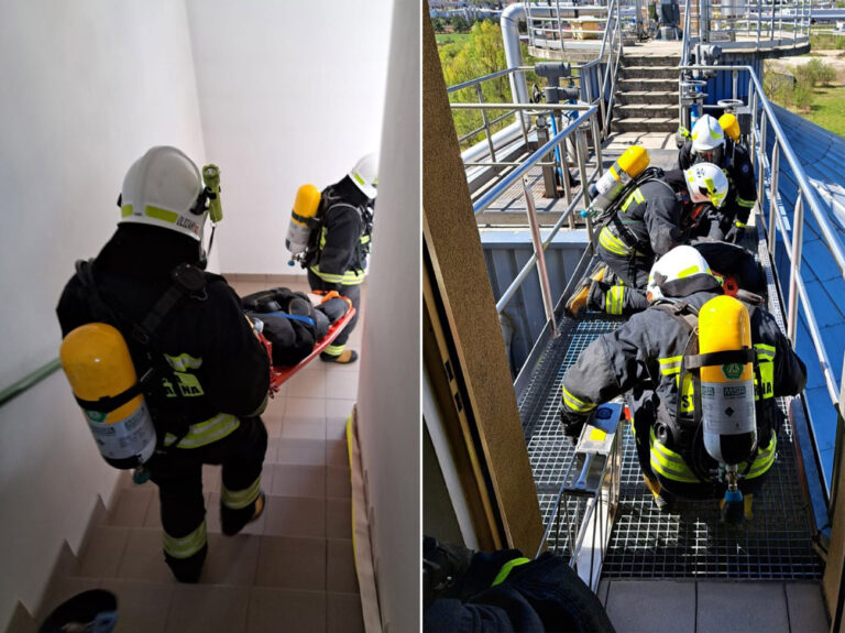 Pożar i ewakuacja na wysokości. Strażackie ćwiczenia na terenie oczyszczalni [FOTO]