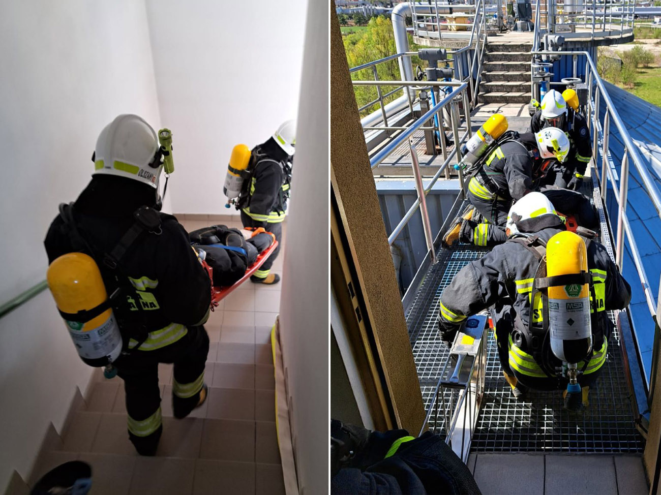 Pożar i ewakuacja na wysokości. Strażackie ćwiczenia na terenie oczyszczalni [FOTO]