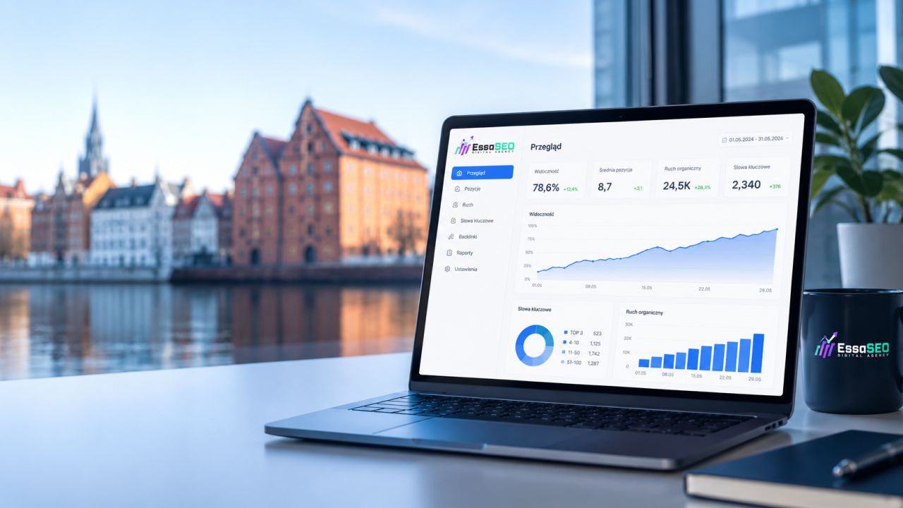 Pozycjonowanie stron w Bydgoszczy – laptop z rosnącymi statystykami SEO na tle bydgoskich spichrzy, logo ESSA SEO