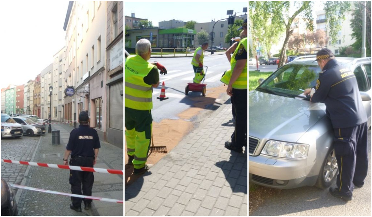 Rozlany olej, nieprawidłowe parkowanie i nietrzeźwa, która spadła ze schodów. Interwencje straży miejskiej