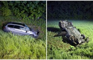 Nocny wypadek pod Łażanami. Auta poza drogą, jedna osoba ranna